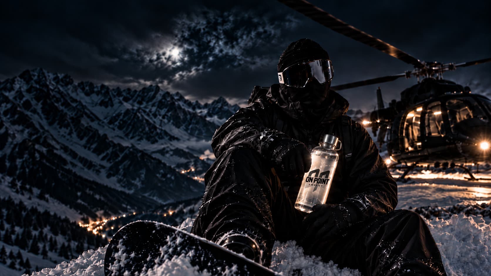 Snowboarder on a moonlit mountain holding an ON POINT bottle beside a helicopter