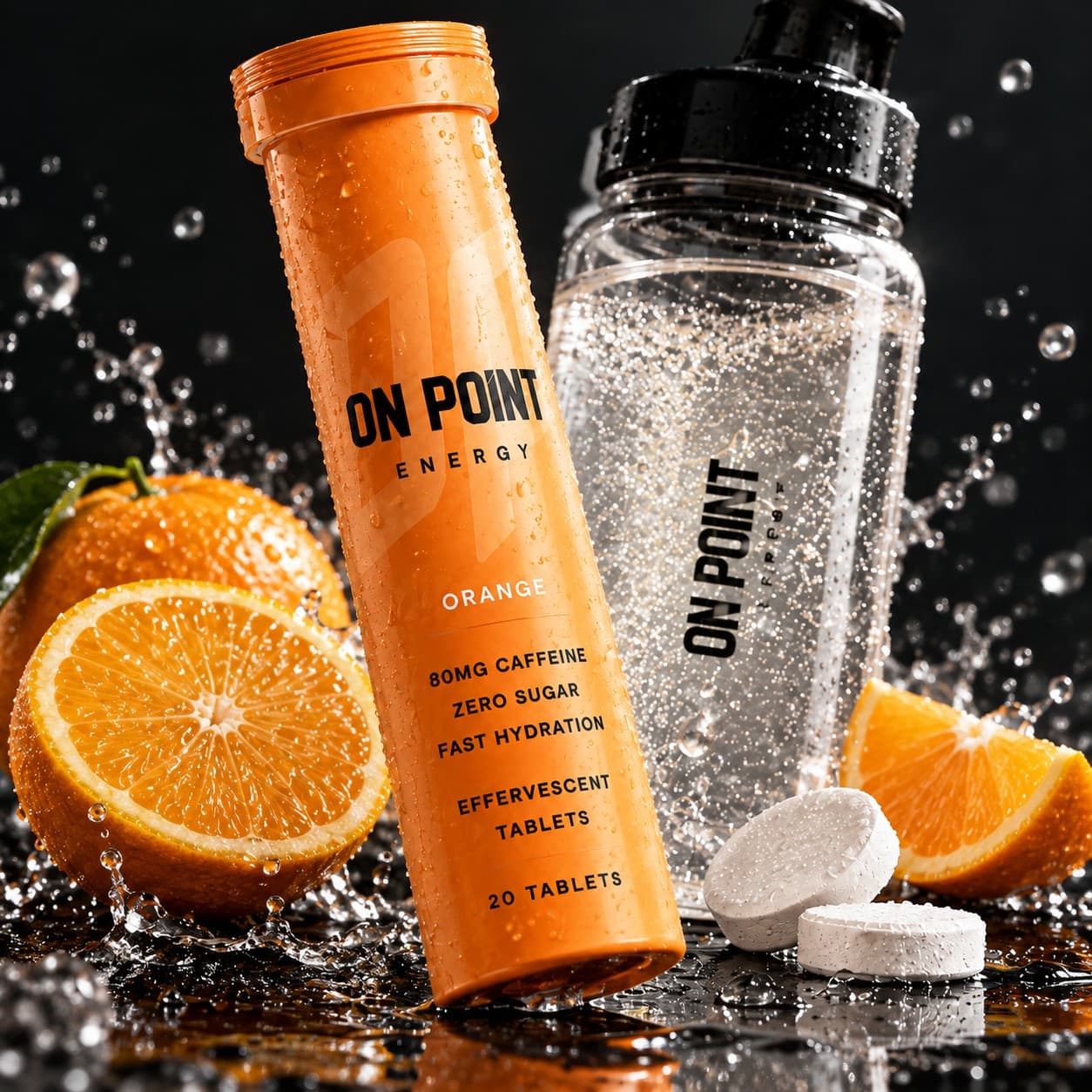 ON POINT Orange tube and bottle with fresh oranges and splashing water