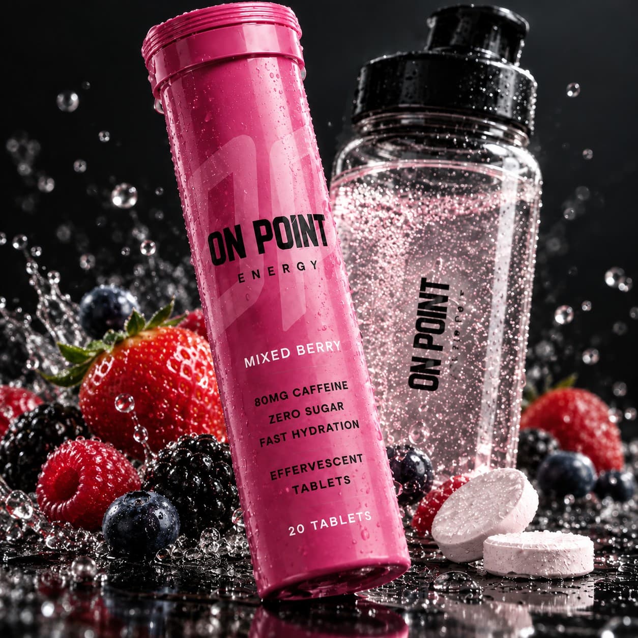ON POINT Mixed Berry tube and bottle with fresh berries and splashing water