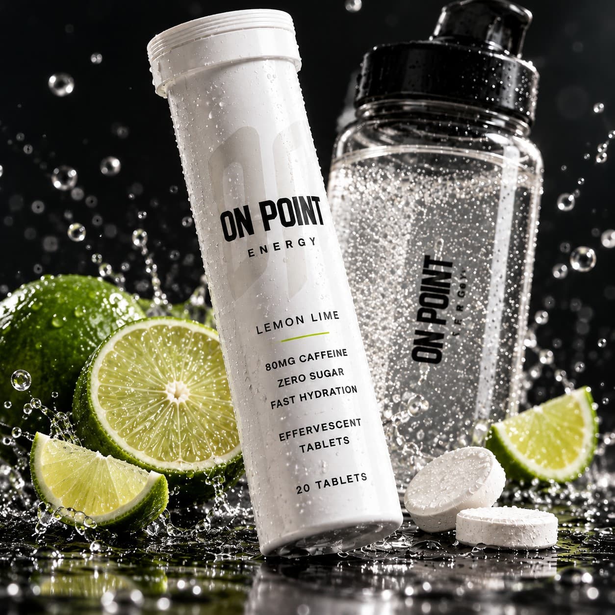 ON POINT Lemon Lime tube and bottle with fresh limes and splashing water