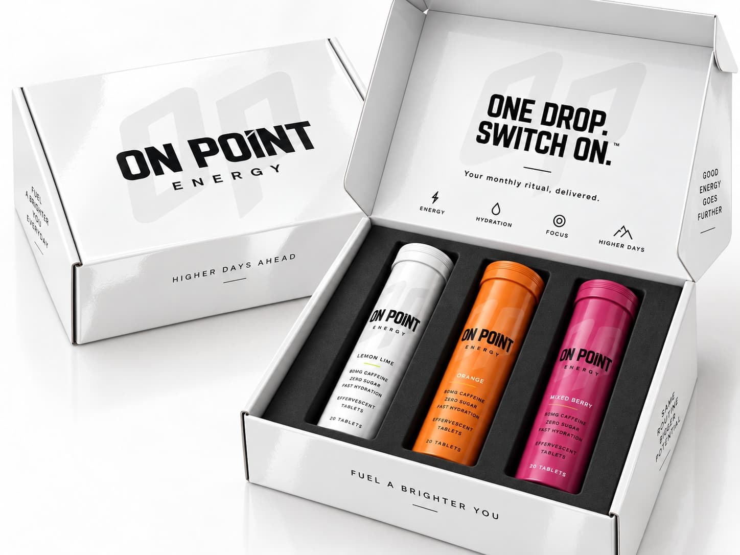 ON POINT monthly drop box open with Lemon Lime, Orange and Mixed Berry tubes