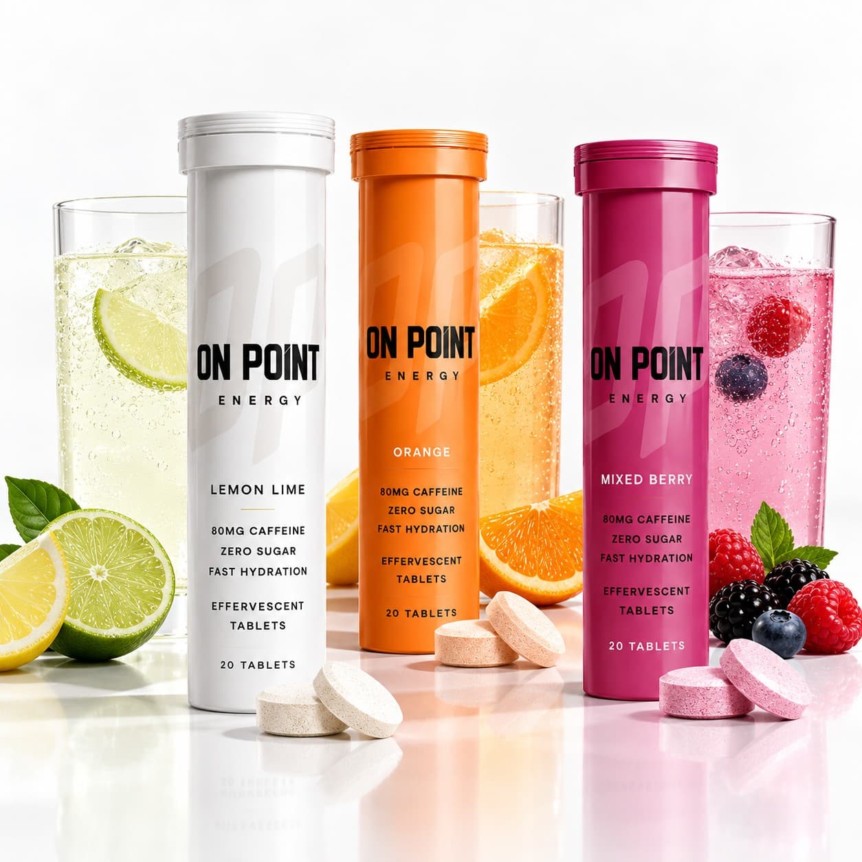 ON POINT Lemon Lime, Orange and Mixed Berry tubes with fresh fruit, tablets and glasses