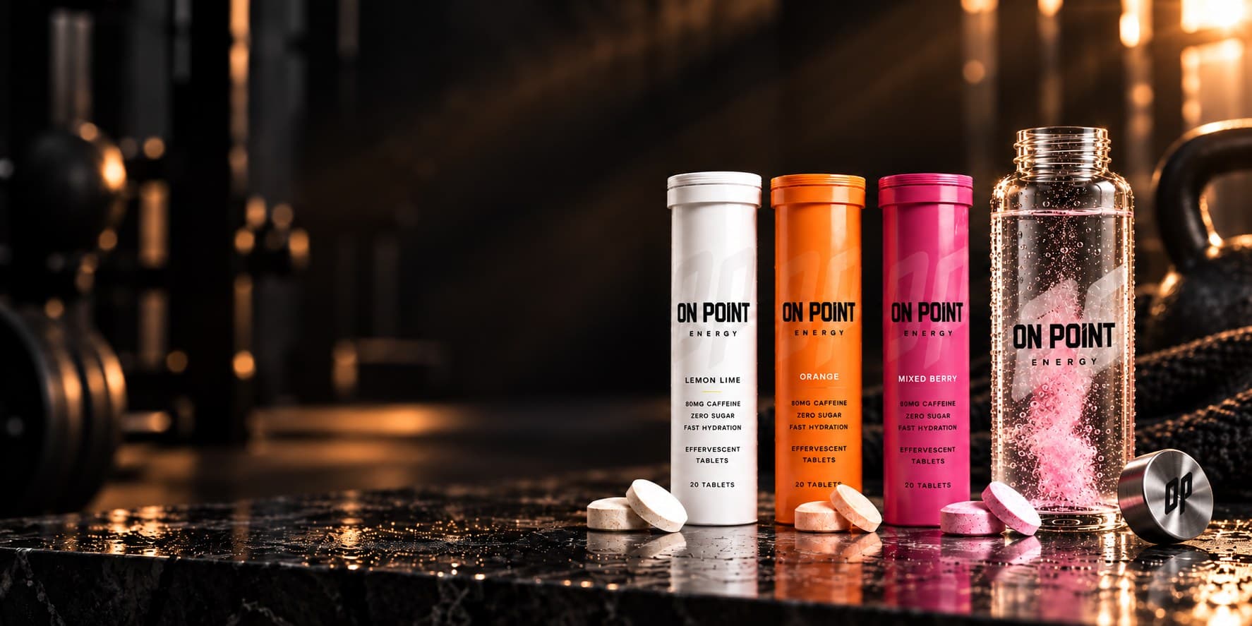 ON POINT Lemon Lime, Orange and Mixed Berry tubes beside a bottle with a fizzing tablet on a wet dark surface